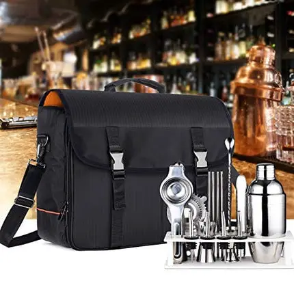 CURMIO Bartender Kit Travel Bag with Padded Compartments for Wine Bottles, Messenger Bag for Bar Tools Set, Perfect for Home Indoor Outdoor Patio Party, Black (Bag ONLY, Patent Pending)