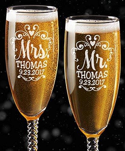 Personalised Mr & Mrs Wedding Champagne Flutes – Engraved With Free Coasters
