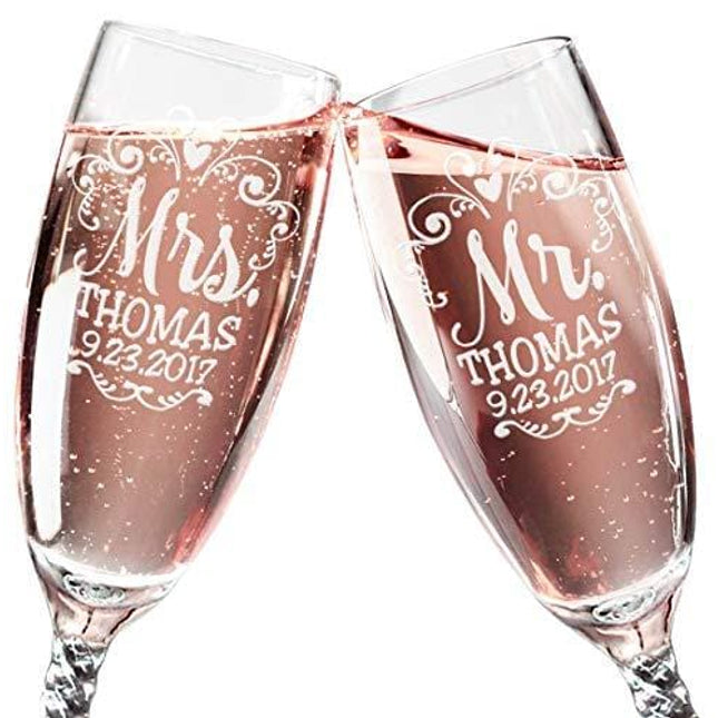 Mr Mrs Wedding Reception Celebration Twisty Stem Champagne Glasses Set of 2 Couples Newlywed Married Groom Bride Husband Wife Anniversary Engraved CLEAR Flute Glass Favors (Personalized)