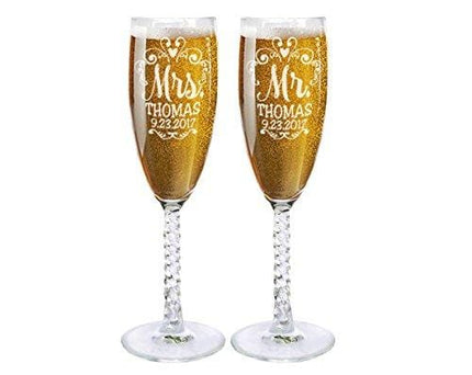 Mr Mrs Wedding Reception Celebration Twisty Stem Champagne Glasses Set of 2 Couples Newlywed Married Groom Bride Husband Wife Anniversary Engraved CLEAR Flute Glass Favors (Personalized)
