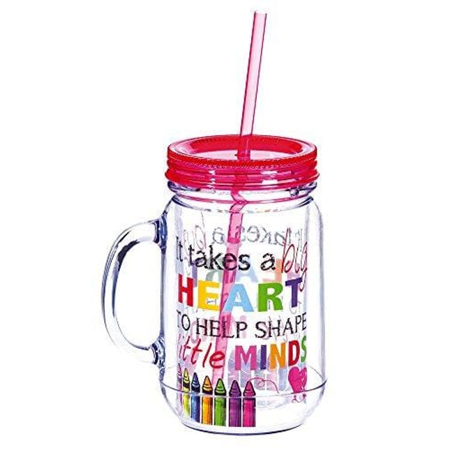 Cypress Home It Takes A Big Heart To Help Shape Little Minds 20 Oz DoubleWall Acrylic Insulated Mason Jar With Straw Teacher Appreciation Gift 3.5” x 5” x 6.25”