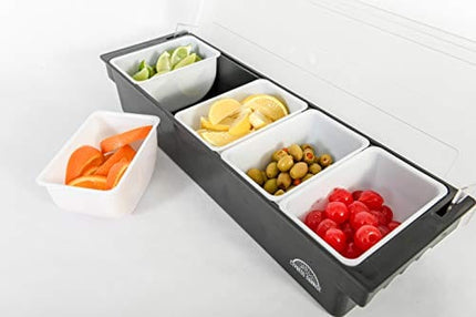 Fruit, Veggie & Condiment Caddy with Lid - Dispenser Tray For Candy, Dips & Salad Toppings | Bar Supplies For Catering & Parties | 5 x 20 Oz Compartments | Garnish Organizer Station for Restaurants