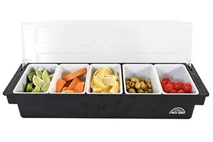 Fruit, Veggie & Condiment Caddy with Lid - Dispenser Tray For Candy, Dips & Salad Toppings | Bar Supplies For Catering & Parties | 5 x 20 Oz Compartments | Garnish Organizer Station for Restaurants