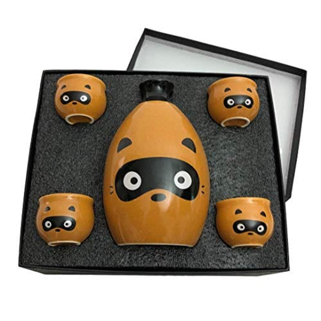Ceramic Japanese Sake Set with 4 Cups, Hand Made Kawaii Raccoon Dog Family Gift Box. Cute Gift for Her/Him/Friend.