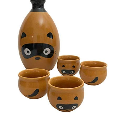 Ceramic Japanese Sake Set with 4 Cups, Hand Made Kawaii Raccoon Dog Family Gift Box. Cute Gift for Her/Him/Friend.