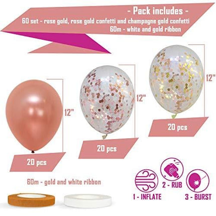 60 Pack Dandy Decor [ 2021 UPGRADE ] Rose Gold Balloons + Confetti Balloons w/Ribbon | Rosegold Balloons for Parties | Bridal & Baby Shower Balloon Decorations | Latex Party Balloons | Graduation, Engagement, Wedding