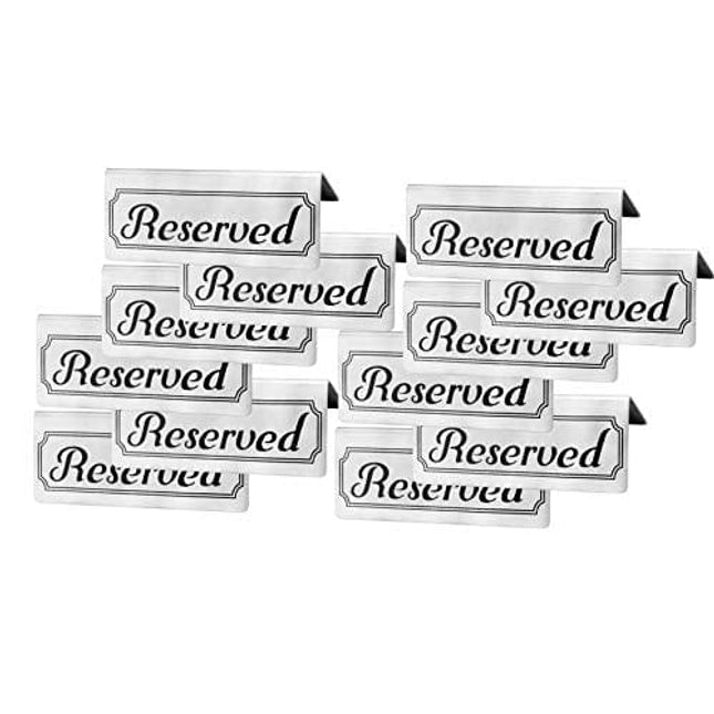 Stainless Steel Reserved Table Signs (12-Pack); 4.75-Inch by 2-Inch Tent Style Silver Signs with Black Print