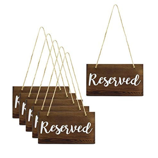 Darware Hanging Wooden Reserved Signs (6-Pack); Rustic Style Wood Signs for Weddings, Special Events, and Functions to Hang on Chairs, in Doorways, or for Aisles and Rows