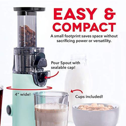 Dash DCSJ255 Deluxe Compact Power Slow Masticating Extractor Easy to Clean Cold Press Juicer with Brush, Pulp Measuring Cup, Frozen Attachment and Juice Recipe Guide, Aqua