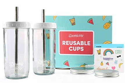 Daverly Way Reusable Boba Bubble Smoothie Cups With 4 Lids And 2 Metal Reusable Straws And Straw Cleaner In Fun Gift Box (2-pack, 24oz Each)