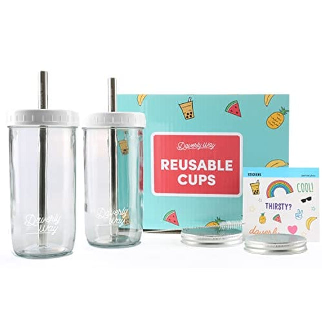 Daverly Way Reusable Boba Bubble Smoothie Cups With 4 Lids And 2 Metal Reusable Straws And Straw Cleaner In Fun Gift Box (2-pack, 24oz Each)