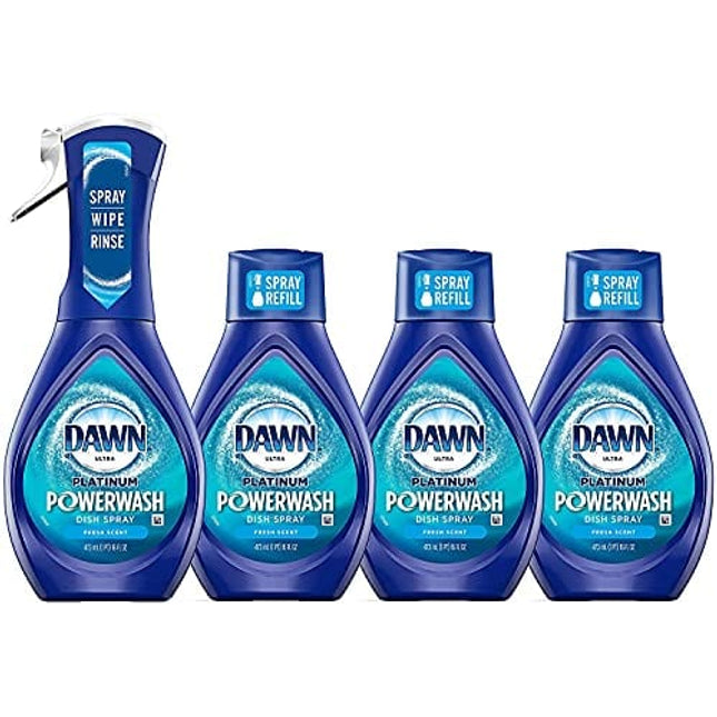 Dawn Platinum Powerwash Dish Spray, Dish Soap, Fresh Scent Bundle, 1 Spray (16oz) + 3 Refills (16oz ea)