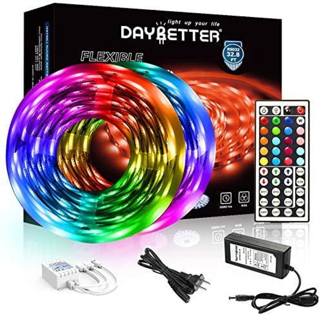 DAYBETTER Led Strip Lights 32.8ft 5050 RGB LEDs Color Changing Lights Strip for Bedroom, Desk, Home Decoration, with Remote and 12V Power Supply