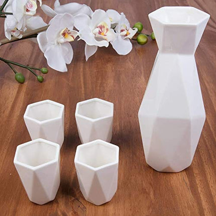 5 Piece Traditional Porcelain Japanese Sake Set, White - 1 18 oz Tokkuri Bottle and 4 Ochko Cups - Unique Modern Design - Great Holiday and Housewarming Gift