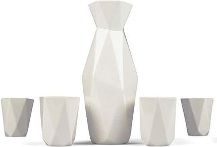 5 Piece Traditional Porcelain Japanese Sake Set, White - 1 18 oz Tokkuri Bottle and 4 Ochko Cups - Unique Modern Design - Great Holiday and Housewarming Gift