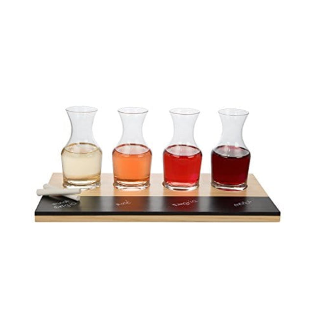 D'eco Wine Tasting Flight Sampler Set - Four 6 oz Decanter Glasses with Wood Paddle and Chalkboard - Great Holiday Gift