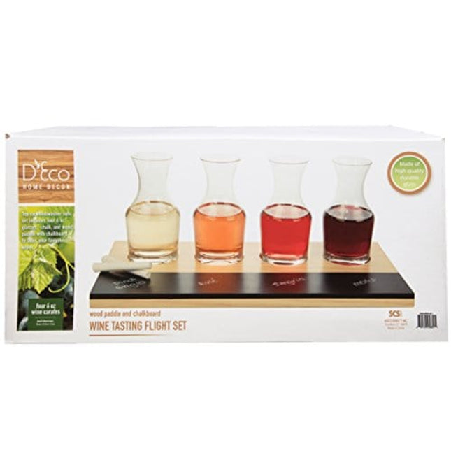 D'eco Wine Tasting Flight Sampler Set - Four 6 oz Decanter Glasses with Wood Paddle and Chalkboard - Great Holiday Gift