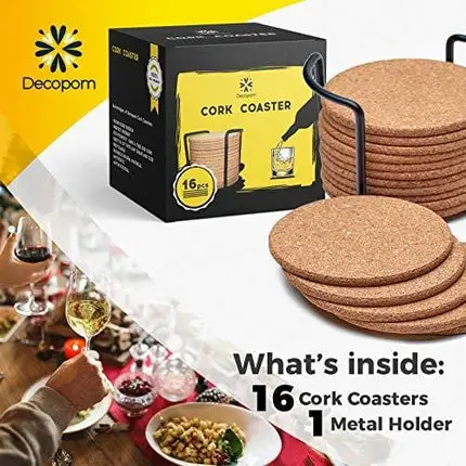Cork Coasters with Round Edge 4 inches 16pc Set with Metal Holder Storage Caddy – Thick Plain Absorbent Heat-Resistant Reusable Saucers for Cold Drinks Wine Glasses Plants Cups & Mugs