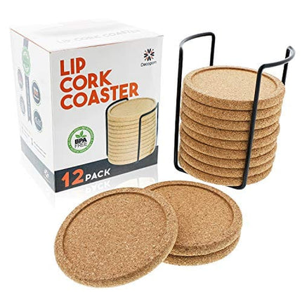 Cork Coasters with Lip for Drinks Absorbent | 12 Set 4 Inch Thick Rustic Saucer with Metal Holder Heat & Water Resistant | Best Reusable Natural Round Coasters for Bar Glass Cup Table