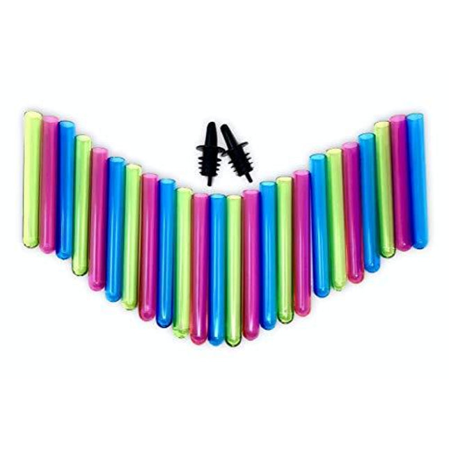 24 Neon Test Tube Shot Glasses with 2 BONUS Liquor Pourers for Spill Free Pours at New Years Eve parties, Bars, Pool Parties, Bachelorette Parties, Man-Caves, Holidays, Celebratory Events and more.