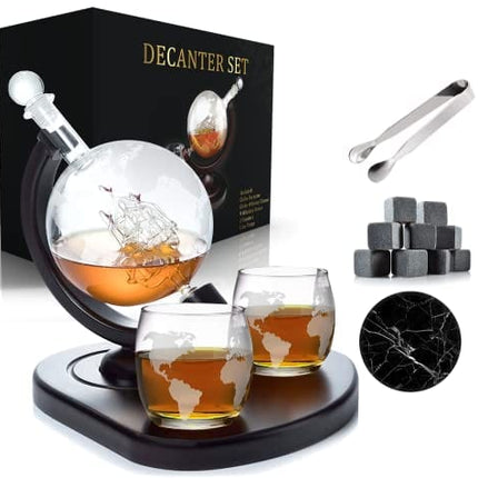 Whiskey Decanter Set Globe with 2 Etched Globe Whisky Glasses | Included Free - Whiskey Stones, Ice Tong, 2 Coasters - Gift Set - Liquor, Bourbon, Scotch, Vodka with a Wood Stand - 850ml