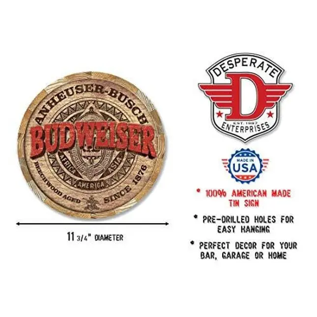 Desperate Enterprises Budweiser Barrel End Tin Sign, 11.75" Diameter