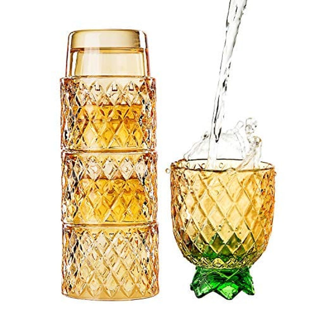 Diamond Star Stacking Glasses Fruit Set of 4 10 oz Cups Pear Pineapple Colorful Stackable Drinking Glass Sets Yellow with Green Leaf Glassware for Drinking Water, Bear