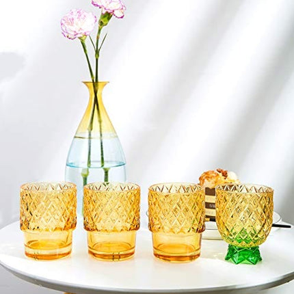 Diamond Star Stacking Glasses Fruit Set of 4 10 oz Cups Pear Pineapple Colorful Stackable Drinking Glass Sets Yellow with Green Leaf Glassware for Drinking Water, Bear