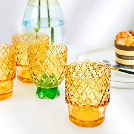Diamond Star Stacking Glasses Fruit Set of 4 10 oz Cups Pear Pineapple Colorful Stackable Drinking Glass Sets Yellow with Green Leaf Glassware for Drinking Water, Bear