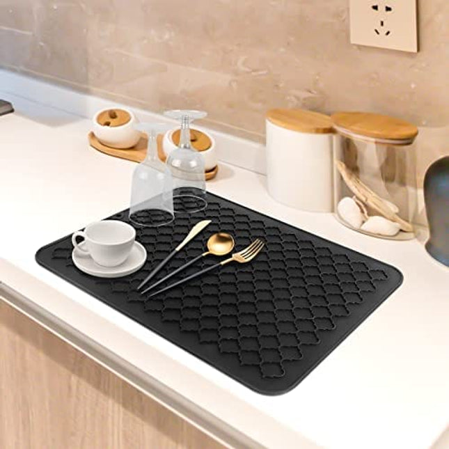 DIGHEIGG Dish Drying Mats, Silicone Drying Mats for Kitchen Counter Bar Non-Slip Heat Resistant Mat for Dishes Kitchen Gadgets (12" x 16", BLACK)