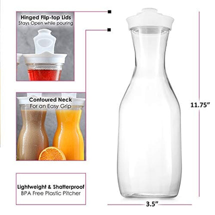 Plastic Carafe Water Pitcher - Carafes for Mimosa Bar - Clear Juice Containers with Flip Top lids - Narrow Neck for Easy Grip Wide Mouth - Juice carafe for Parties – BPA Free - Not Dishwasher Safe