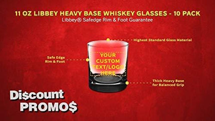 Custom Whiskey Glasses by Libbey 11 oz. Heavy Base Drinking Old Fashioned Glass - 10 pack - Customizable Text, Logo - Great For Scotch Bourbon and Whiskey - Black