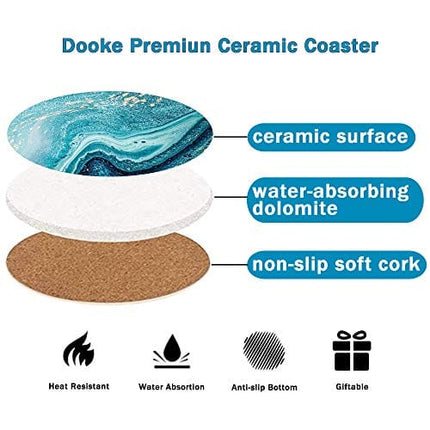 Dooke Coasters for Drinks, Round Absorbent Ceramic Stone Coasters Set of 6 with Cork Base, Funny Drink Coasters with Holder for Cold Drinks Wine Mugs and Cups Tabletop Protection, 4 Inches,Teal Marble