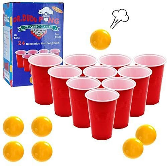DR.DUDU Beverage Pong Cups and Balls Set, Giant Beverage Pong Game Set with 24 Cups 24 Pong Balls, 16oz