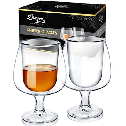 Dragon Glassware Whiskey Glasses, Clear Glass Double Wall Insulated Bourbon Barware, Unique Snifter Drinkware Gift for Men, 8oz Capacity, Set of 2