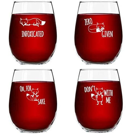 Funny Stemless Wine Glass Set | The Fox Series Pack of 4 Glasses Set | Infoxicated, Zero Fox Given, Oh for Fox Sake, Don't Fox with Me | Novelty Glasses With Cute Sayings for Women, Her | Made in USA