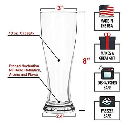 USA Made Nucleated Pilsner Glasses- Etched Beer Glass for Better Head Retention, Aroma and Flavor - 16 oz Craft Beer Glasses for Beer Drinking Bliss - 4 Pack