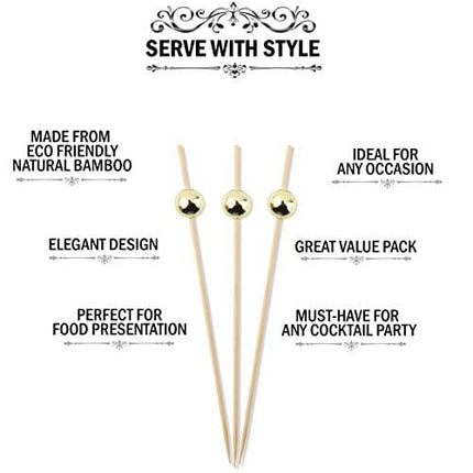 Bamboo Cocktail Picks Skewers Toothpicks - (Pack of 320) 4.75 Inch Gold Pearl Wooden Frill Tooth Picks for Appetizer Martini Food Garnish Cocktail Sandwich Fruit Kabobs – Catering Weddings Decorative