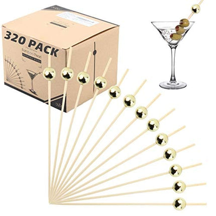 Bamboo Cocktail Picks Skewers Toothpicks - (Pack of 320) 4.75 Inch Gold Pearl Wooden Frill Tooth Picks for Appetizer Martini Food Garnish Cocktail Sandwich Fruit Kabobs – Catering Weddings Decorative