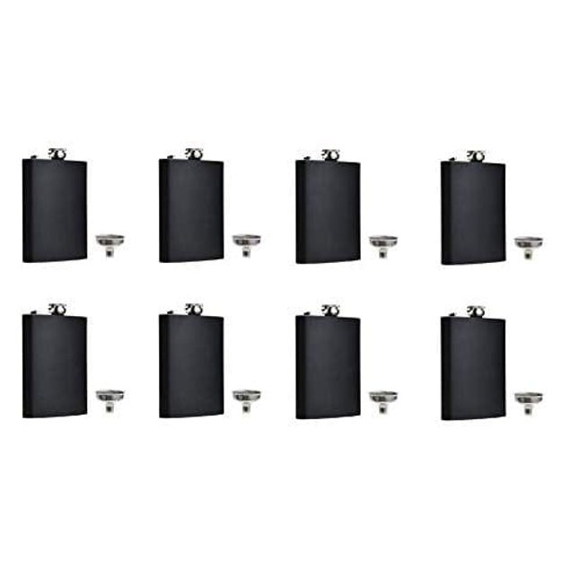 Black Flask Stainless Steel with Funnel,8 Oz, Set of 8