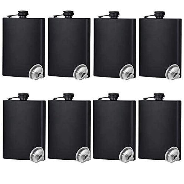 Hip Flask for Liquor Matte Black Stainless Steel Leakproof with Funnel,8 Oz, Set of 8