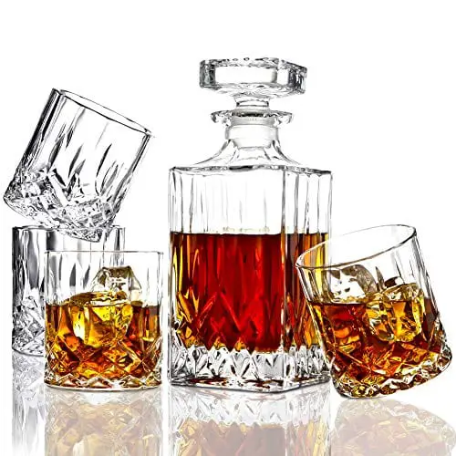 5-Piece European-Style Whiskey Decanter and Glass Set - With Magnetic Gift  Box - Exquisite Quadro Design Liquor Decanter & 4 Whiskey Glasses - Perfect
