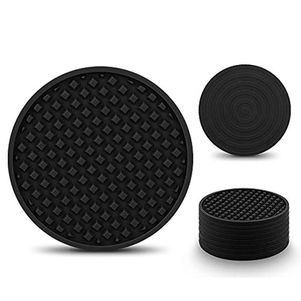 Coasters for Drinks Set of 8, EAGMAK Silicone Drink Coasters with Grooved Pattern, Non-Slip Base, Washable and Heat Resistant Coffee Coasters for Wooden Table, Desk, Kitchen, Office, Bar-Black