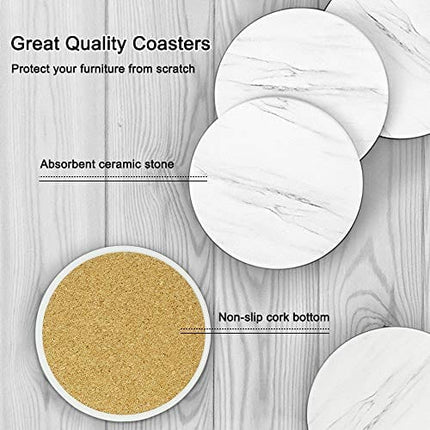 Set of 8 Coasters for Drinks ,EAGMAK Absorbent Marble Style Ceramic Drink Coaster with Holder for Coffee Wooden Table Home Decor (White)