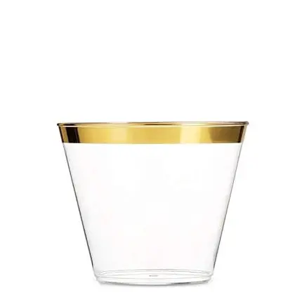 100 Plastic Cups 9 Oz Gold Plastic Cups Old Fashioned Tumblers Gold Rimmed Plastic Cups for Party Decorations Disposable Clear Plastic Cups for Wedding Cups Elegant Party Cups