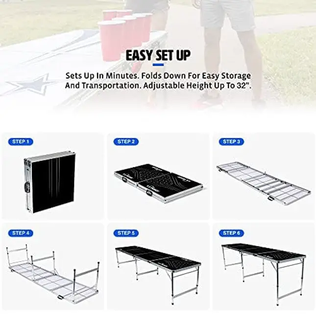 EastPoint Sports Easy Folding Drinking Game Pong Tailgate Tables with Cups and Balls, Black Perfect for Cookouts, Yards, Parties, Park, BBQ, Beach and More