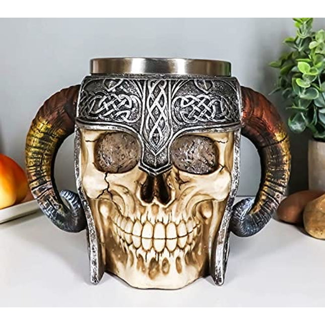 Ebros Gift Viking Ram Horned Pit Lord Warrior Skull With Battle Helmet Beer Stein Tankard Coffee Cup Mug 13oz Norse Mythology Folklore Odin Thor Loki Ragnarok Poetic Edda Decor