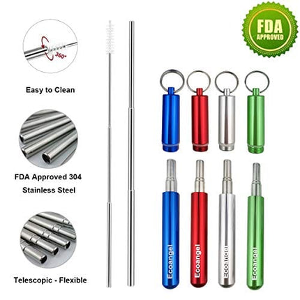 4 Pack Portable Reusable Metal Straw Collapsible Stainless Steel Drinking Straw Telescopic Straw to Drink Water Smoothie with Aluminum Key-chain Case & Cleaning Brush （Silver & blue & red & green）