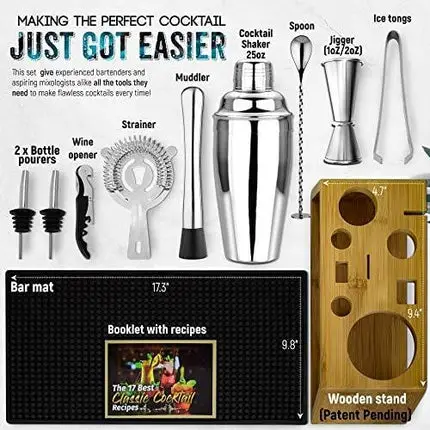 Cocktail Shaker Set with Bar Mat | Bartender Mixing Tool Kit with Elegant Wooden Stand | Premium Bar Set | Best Gifts Ideas for Him (Husband, Boyfriend, Dad) Ideal for housewarming