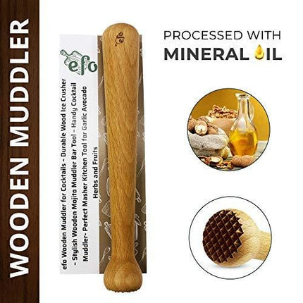 efo Wooden Muddler for Cocktails – Durable Wood Ice Crusher – Stylish Wooden Mojito Muddler Bar Tool – Handy Cocktail Muddler- Perfect Masher Kitchen Tool for Garlic Avocado Herbs and Fruits